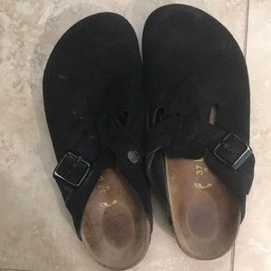 Black suede Birkenstock clogs